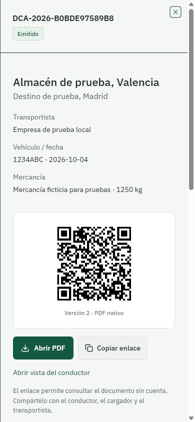Captura real del documento DeCA con recorrido, mercancía y QR