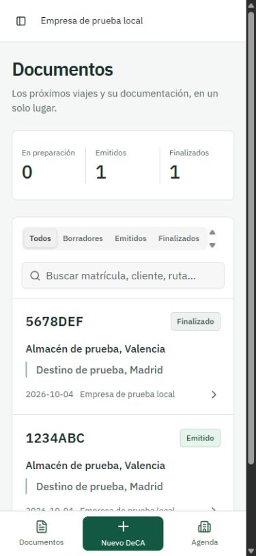 Captura real de Tus viajes: listado de documentos, matrículas, rutas y estados